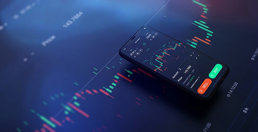 Futuristic concept on stock exchange using mobile phone graph on dark background