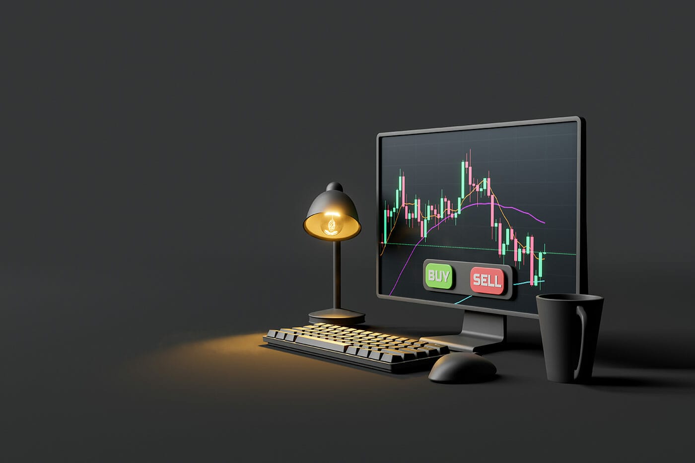 Black computer with green buy red sell buttons and candlestick graphs for investing