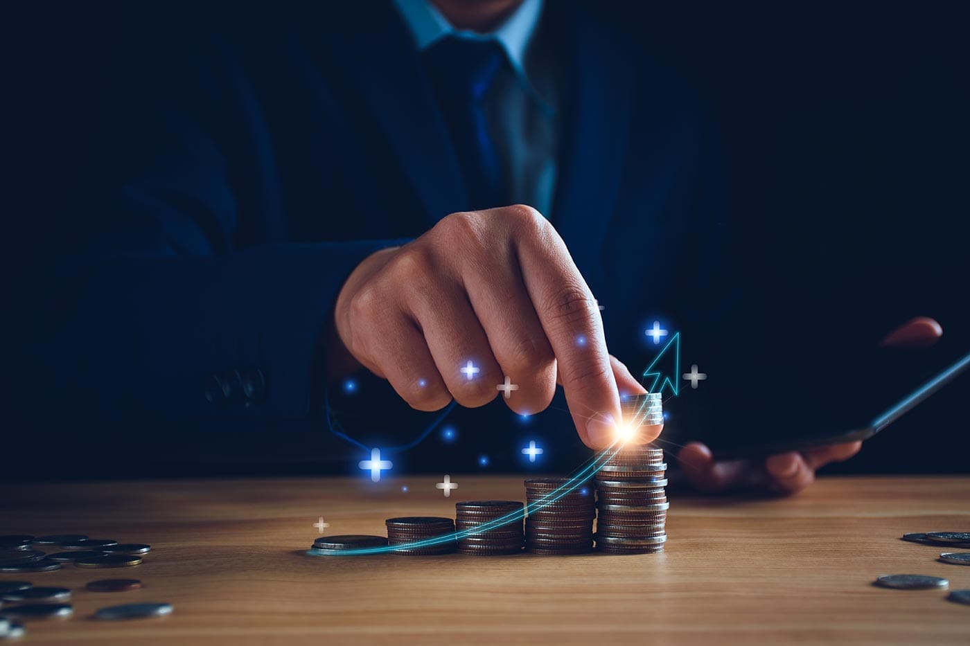 Man in suit stacking coins trading growth concept art for investment