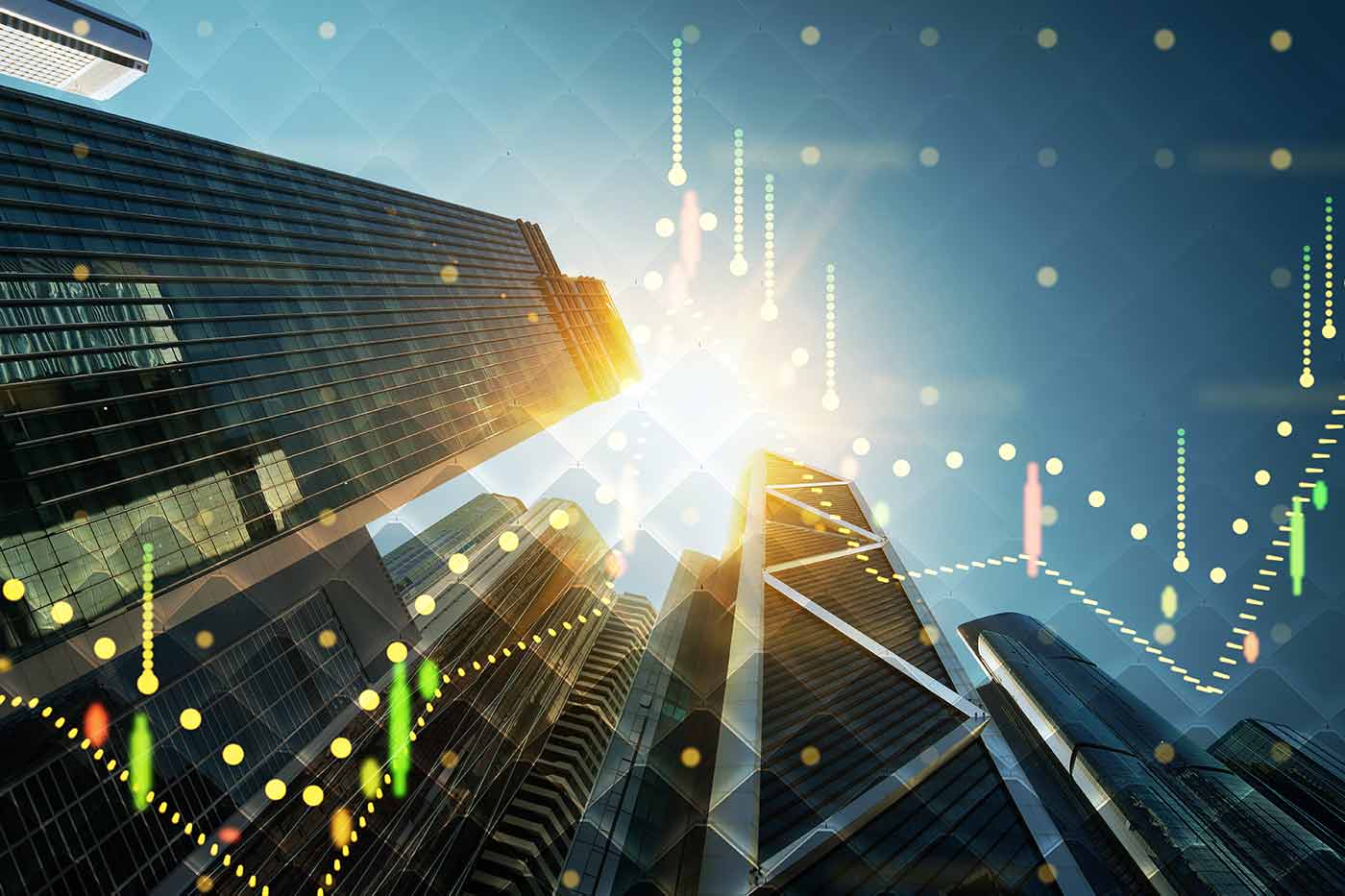 City view skyscrapers sunny day low angle stock market concept overlay