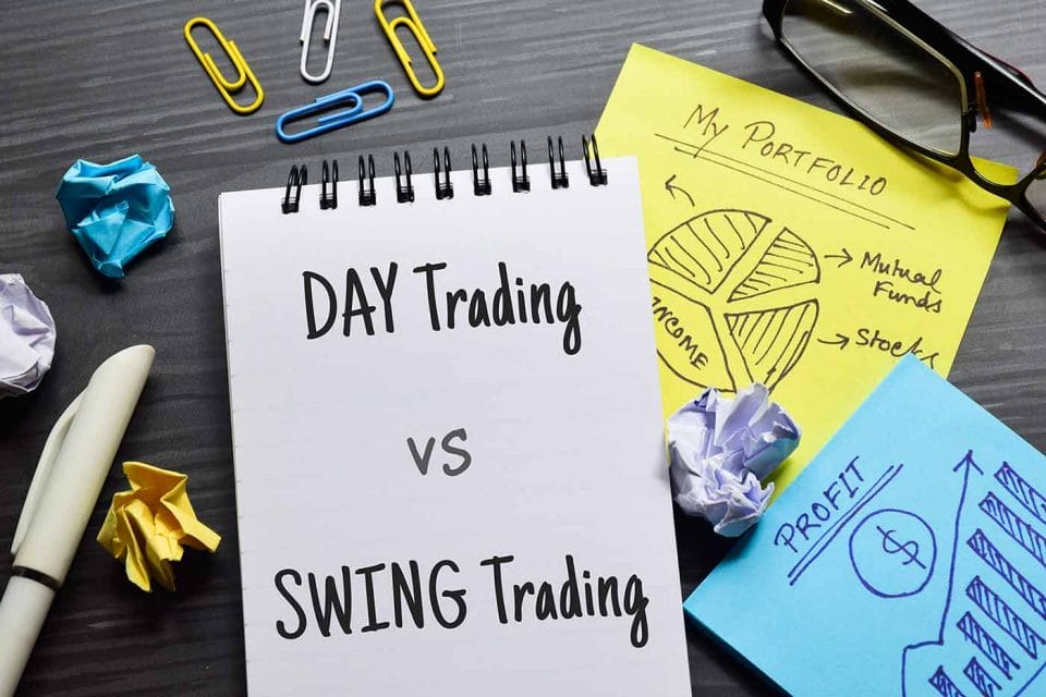 Notepad on desk with swing trading vs day trading in black letters