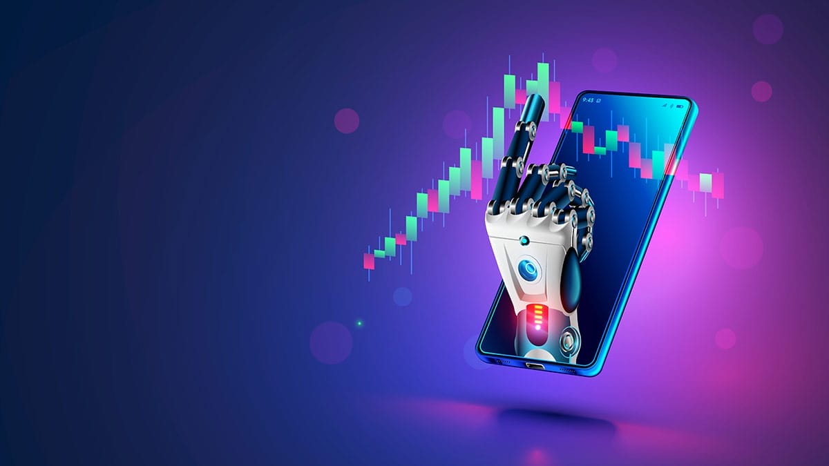 Forex robot concept AI hand reaching out from phone to use chart pattern