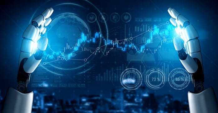 Forex chart pattern in between two robot hands AI concept art