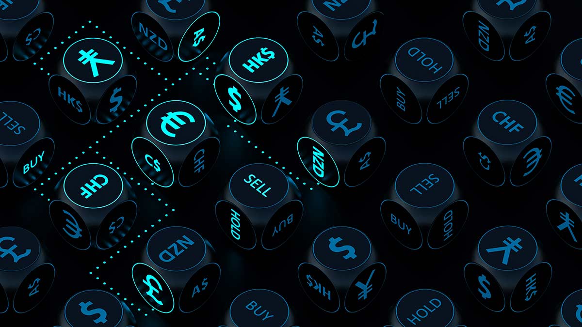 Glowing Forex currency dice concept art