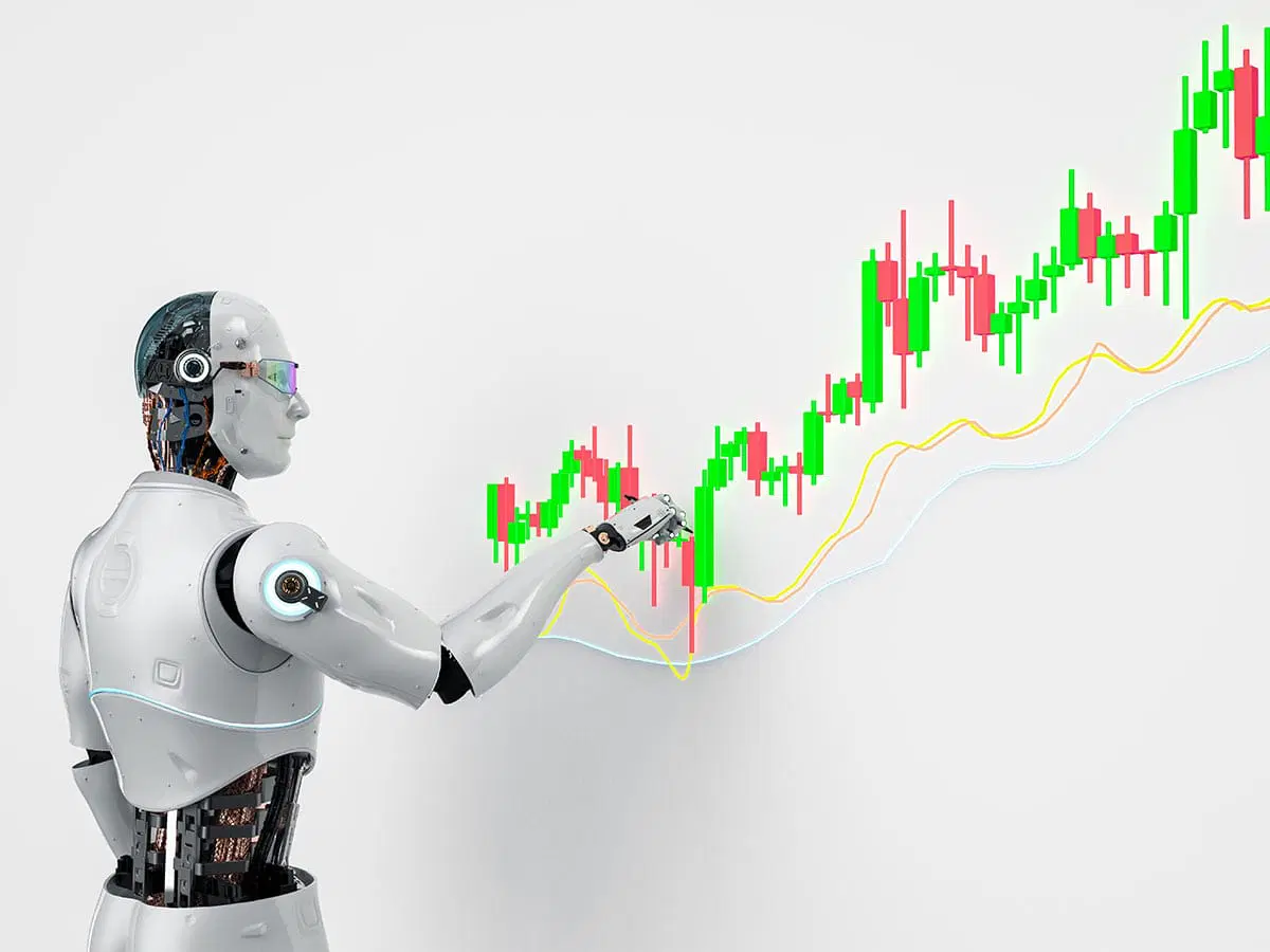 Concept of a trading robot / forex trading algorithm represented by a physical robot