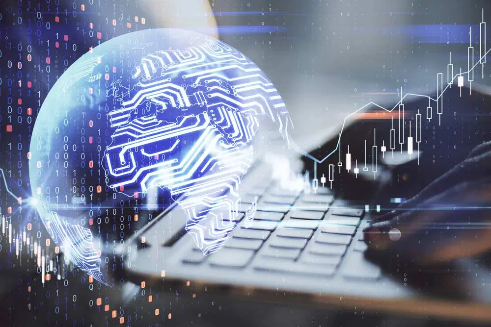 Computer and globe graphic represents the concept of a forex trading algorithm