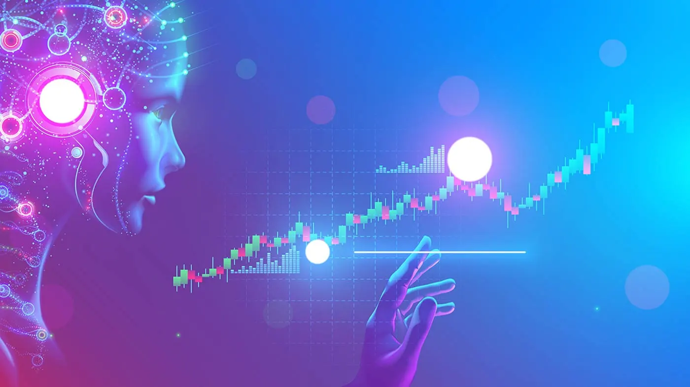 Concept of AI trading Forex robot with candlestick chart in background