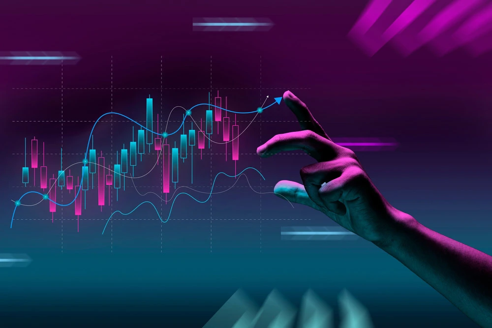 Neon blue and pink candlestick chart on pink background for Forex trading