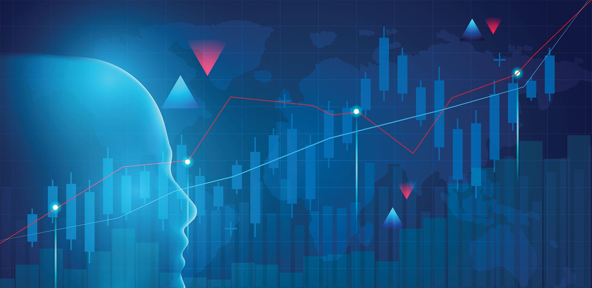 A concept image showing an illustration of a person’s head, trading graphs, and a world map.