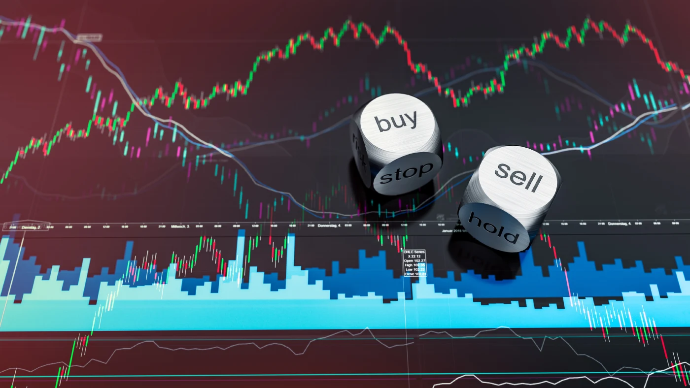 Candle chart with dice on top that have the words “buy” and “sell” engraved on them representing the concept of stop losses that result in liquidity grabs