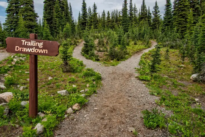 A trail winding through nature with a wooden sign that reads "Trailing Drawdown"