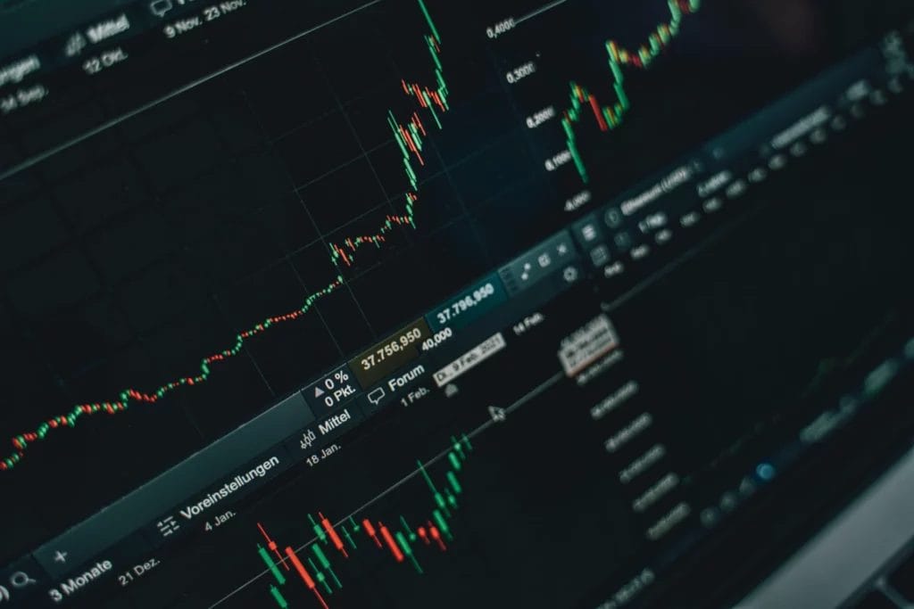 Close-up of a computer screen displaying candlestick charts and market data for trading.