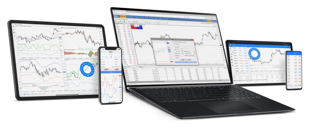 A setup showing a laptop, tablet, and smartphones displaying the MetaTrader 5 (MT5) trading platform with candlestick charts and financial data.