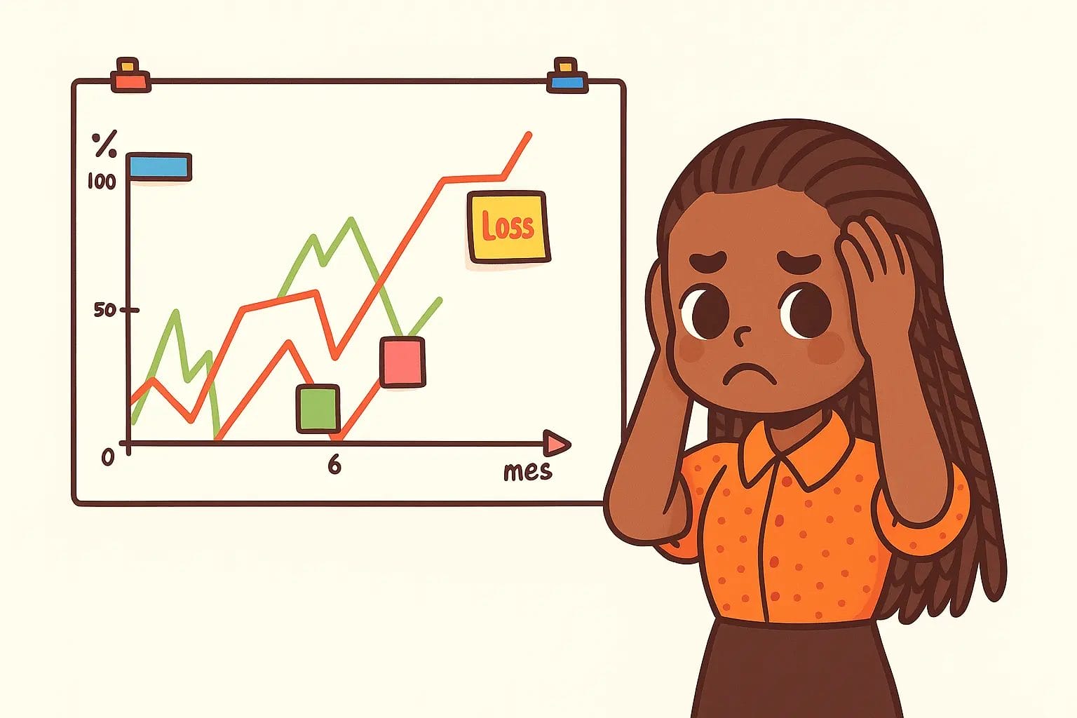 Cartoon of a stressed woman with braided hair in an orange polka-dotted shirt, holding her head, next to a chart showing a percentage drop over six months with a "Loss" note.